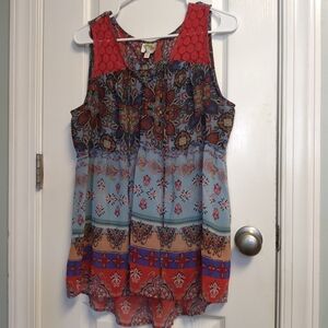 Boho Floral Patchwork Sleeveless Tunic - Red, Light Blue, Navy